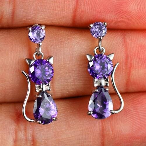 Girls Cute Animal Cat Earrings For Women 925 Silver Filled Round Purple Green Red Zircon Pear Cut Crystal Drop Earrings Jewelry