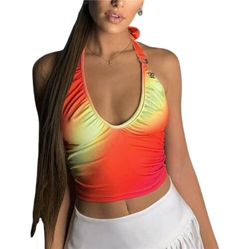 2021 Fashion Trend Women Sexy Summer Vest Tie-Dye Lace-Up Halter Neck Low-Cut Sleeveless Backless Crop Tops Tanks Camiosle
