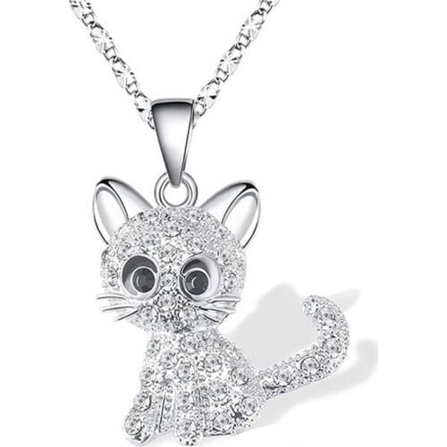 New 2021 Girls Cute Cat Pendant Necklace for Women Children Fashion Colorful Crystal Cartoon Animal Necklaces Jewelry Gifts