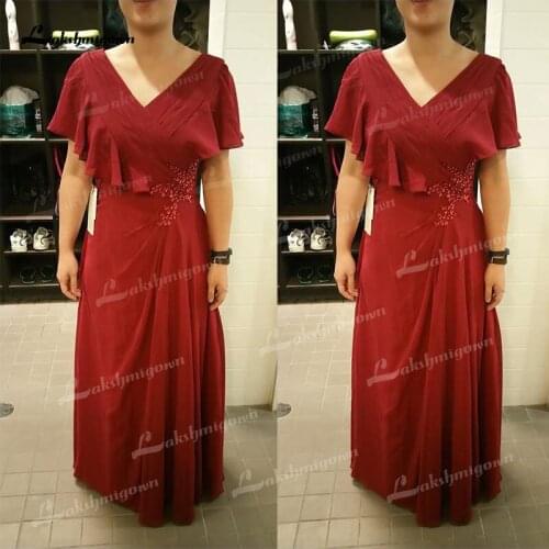 2021 Elegant Women Sheath V-neck Short Sleeves Beading Sequins Mother Of The Bride Dresses Floor-Length Chiffon Ruffles