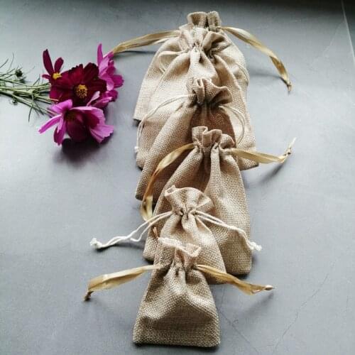 10pcs Silk Ribbon/Cotton Jewelry Bag Sack Jute Jewelry Packaging Linen Bags Sachet Gift Bag Storage Charm Candy Drawstring Bags