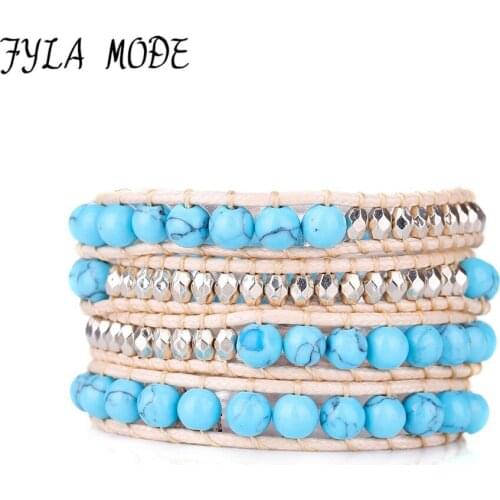 Fyla Mode Beige Cord 4 Row Beaded Wrap Bracelet Wax Cord Woven Friendship Stone Beaded Party Bracelet Jewelry Girls Bracelet