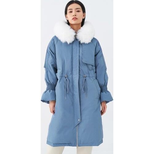 INMAN Winter belt Adjustable Drawstring Fold Trumpet Sleeves Plush Hooded Fashion Womens Down Jacket