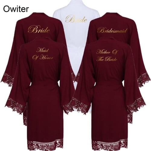 Owiter 2019 Burgundy Solid Cotton Kimono Bride Bridesmaid Robes w/ Lace Trim Women Wedding Bridal Bathrobe Sleepwear White Print