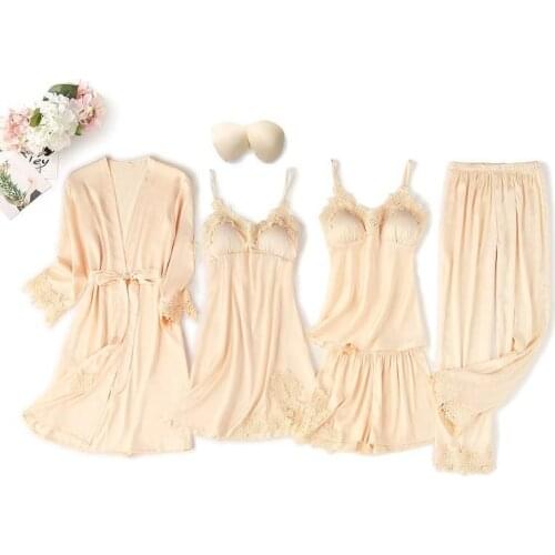 Champagne Robe Set Spring Summer New Pajamas Suit Intimate Lingerie Satin Sexy Sleep Set Casual Novelty Nightwear Loungerwear