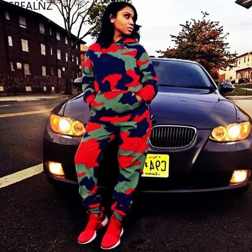 Long Sleeve Two Piece Set Hoodie Print Camouflage Tracksuit Survetted Women Runway Pants Joggers Sweat Suit Streetwear Clothes