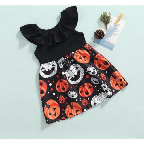 FOCUSNORM 1-6Y Toddler Kids Girl Lovely Halloween Dress Sleeveless Off Shoulder Pumpkin Print Ruffle A-Line Dress