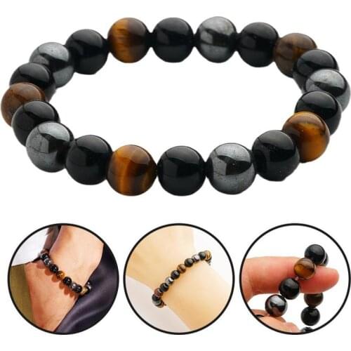 Fashion Natural Stone Bracelet Tiger Eye Triple Protection Bracelet and Black Obsidian Hematite F7O3