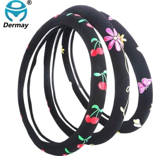 Cartoon Steering Wheel Cover Flower Embroidery Car Steering Wheel Covers Auto Interior Steering Hub Accessories for Girls Women