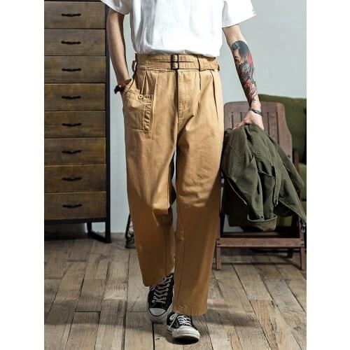 Mens Vintage Cotton High Waist Straight Casual Cargo Pants Trousers Khaki