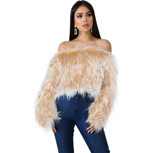 Autumn Winter Sexy Women Fluffy Fur Red White Off Shoulder TShirt Full Fur Fuzzy Crop Top Long Sleeve T Shirt Bralette Party Top