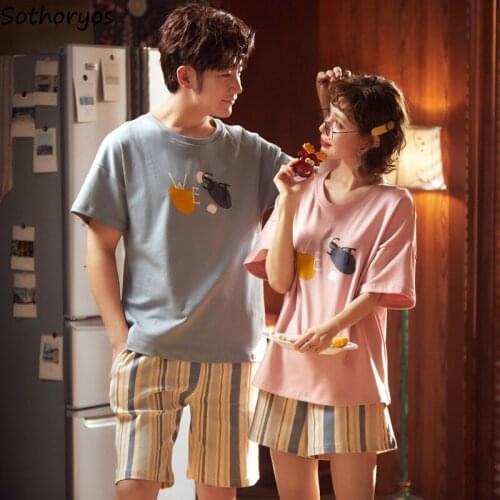 Pajama Sets Couples Short Sleeve Fashion Loose Comfortable Lovely Korean Style Cotton Soft Cartoon Printed Ulzzang Leisure Chic