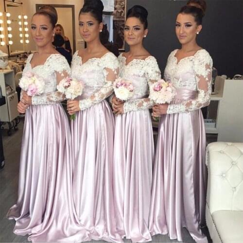 Pink Long A Line Long Bridesmaid Dresses V Neck Full Sleeve Appliques Country Maid of Honor Dress Pleat Skirt Satin Formal Wears