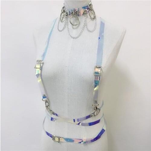 Fashion Holographic PU Leather Suspenders Two Piece Set Sexy Bondage Bra Garter Metal Chain Choker Harness Party Night Club Suit