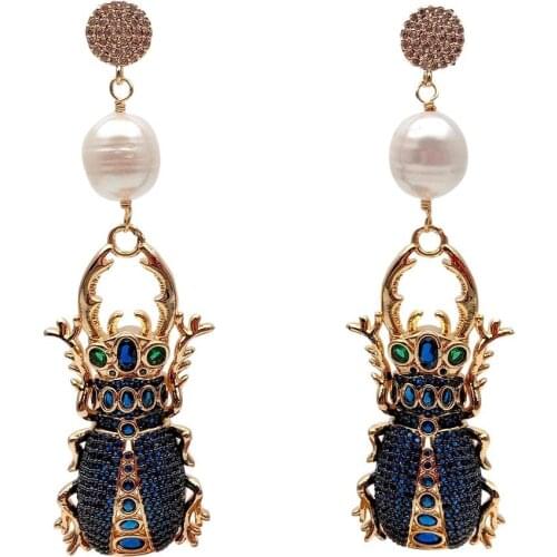 Y·YING Natural Freshwater Cultured White Rice Pearl Cubic Zirconia Pave Insect Dangle Stud Earrings