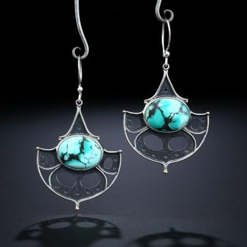 925 Retro Thai Silver Geometric Hollow Design Pendant Earrings Fashion Oval Turquoise Earrings For Women Party Statement Jewelry