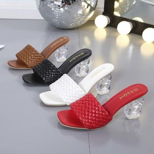 Summer Weave Crystal Heel Womens Slippers Open Toe Slides Casual Ladies Shoes Slip On Beach Sexy Pumps Muller Size 35-41