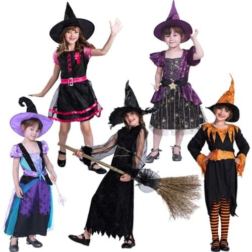 SNAILIFY Scary Black Witches Cosplay Halloween Costume For Kids Girls Witch Dress Hat Carnival Party Group Fancy Dress