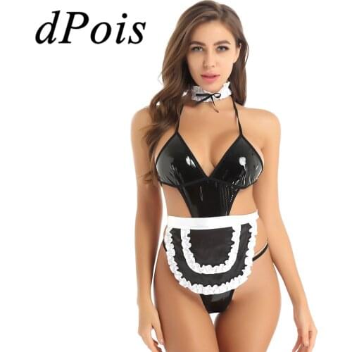 3Pcs Women Patent Leather Maid Cosplay Costume Outfit Halter Neck Deep V Backless Thong Leotard Bodysuit Sexy One-piece Lingerie