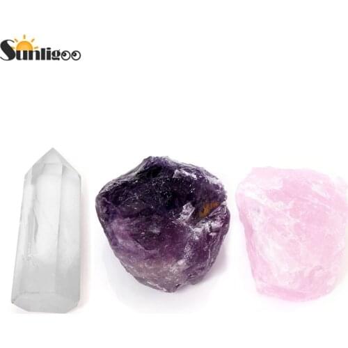 Sunligoo Reiki Healing Crystal Therapy Kit Rough Amethyst Rose Quartz Raw Stones Clear Quartz Self-Standing Crystal Point Wand