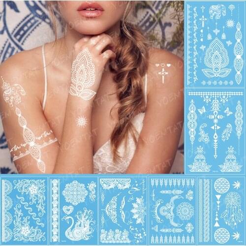 Waterproof Temporary Tattoo Sticker Flower Elephant Cross Jewelry White Flash Tatoo Indian Arab Sexy Body Art Fake Tatto Bride