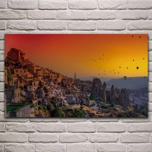 Hot air balloons gold sky sunset and buildings living room decor home wall art decor wood frame fabric poster KL366