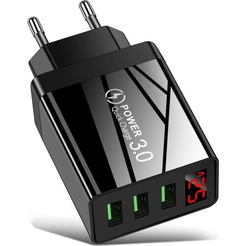 Mobile Phone Charger 3 Port USB Power Adapter Quick Charger 3.0 Digital Display Fast Charging Travel Wall Charger EU/US/UK Plug