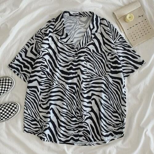 Womens Summer Tunic Button Up Shirt Zebra Graphic T-shirt Y2k Top Female Casual Short Sleeve Blouse Vintage Clothes Plus Size