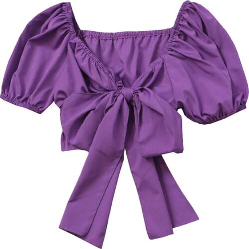 Summer Women Slash Neck Puff Sleeve Ruffles Bandage Strap Bow Shirt Lady Short Elastic Slim High Waist Pullover Chic Blouse Tops
