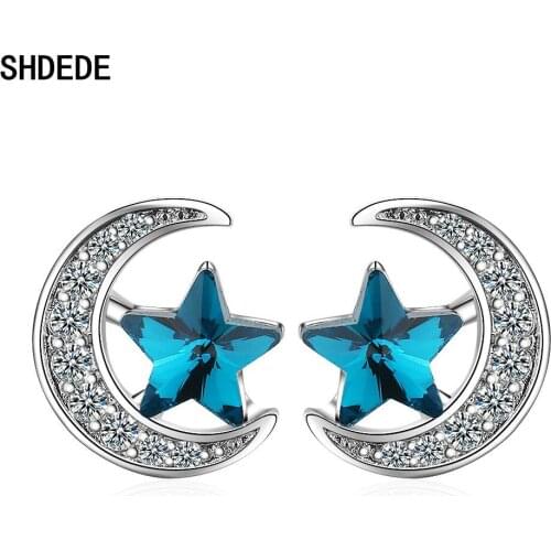 SHDEDE Blue Star Moon Stud Earrings For Women Embellished With Crystals From Swarovski Female Party Gift Fashion Jewelry -X821