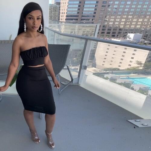 Women Two Piece Skirt Set Strapless Slim Fit Crop Top and High Wiast Bandage Skirt Club Outfits Casual Outgoing Summer