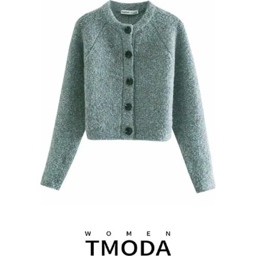 TMODA843 Za 2021 Women Fashion Button-up Cropped Knitted Cardigan Sweaters Vintage O Neck Long Sleeve Outerwear Chic Tops