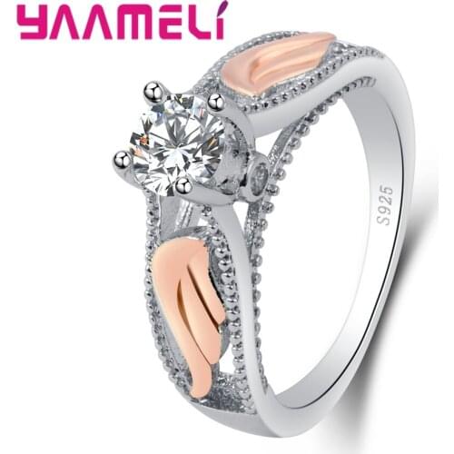 Fine 925 Sterling Silver Super Shining Cubic Zirconia With Gold Color Wing Shape Embellishment Finger Rings For Women