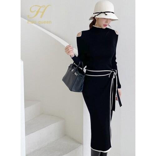 H Han Queen Autumn Elegant OL Lace up Strapless Elastic Knit Pullover Sweater Long Dress Black Sheath Pencil Knitted Dresses