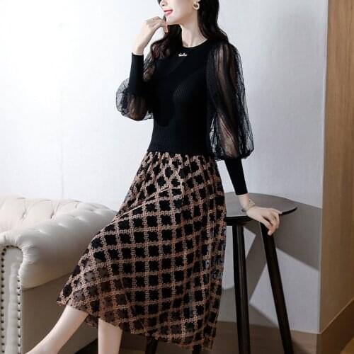 Autumn Winter Black Knitted Patchwork Mesh Midi Robe Women Korean Vintage Casual Office Dress 2021 Bodycon Elegant Sweater Dress