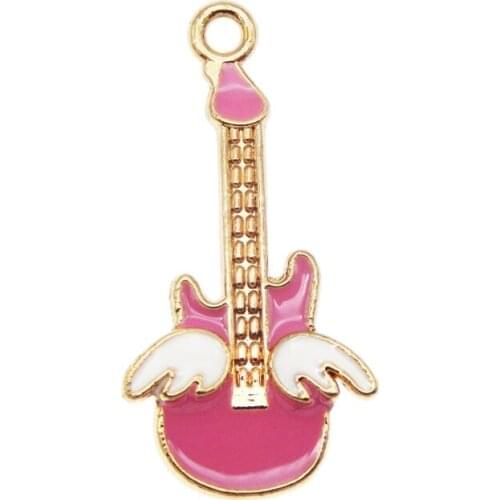 Julie Wang 10pcs Pink White Black Color Sweet Little Enamel Guitar Shape Alloy Pendant Charms Women Jewelry Making Accessories