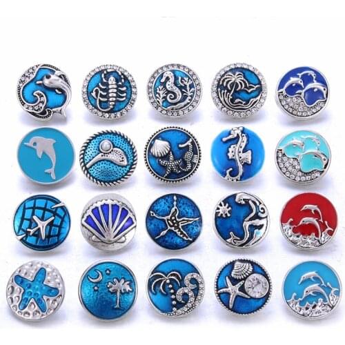 10pcs/lot Snap Button Jewelry Blue Ocean Series Crystal Dolphin Sea 18mm Metal Snap Jewelry Fit DIY Snap Bracelet Bangle Necklac