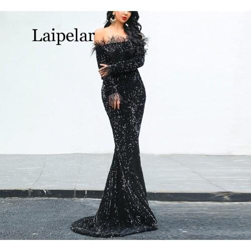 2020 Sexy Off Shoulder Feather LongSleeve Sequin floor length Evening party Maxi Reflective Dress