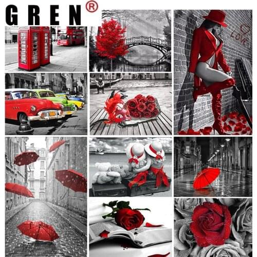 GREN 5D DIY Full Drill Diamond Painting "Red Umbrella Rose Flower" Picture Rhinestone Diamond Embroidery Cross Stitch Home Decor