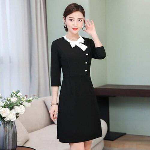 Business Dress For Women Office Dress Midi Elegant O Neck Bow Jewelry Store Work Wear Bodycon Dresses For Woman 2019 DD2325