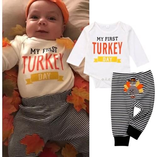 Thanksgiving Newborn Kids Baby Boy Girl Clothes set MY First Turkey day Letter Long Sleeve Boysuit Stripe Pants Outfits Set 0-2T