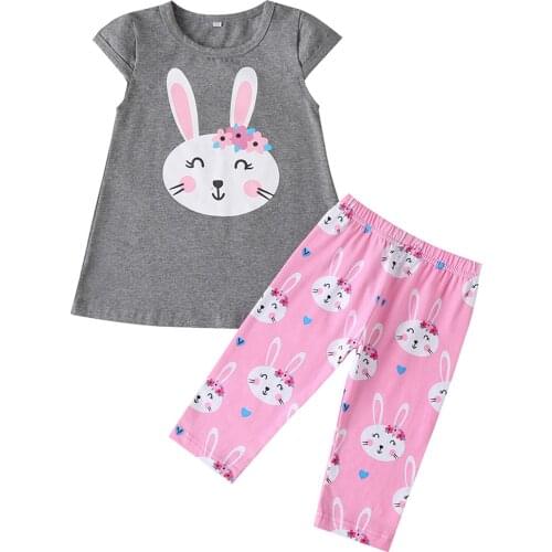 Infant Kids Baby Girl Easter Clothes Short-sleeved and Trousers Suit Cartoon Rabbit Printed T-shirt and Elastic Long Pants 1-4T