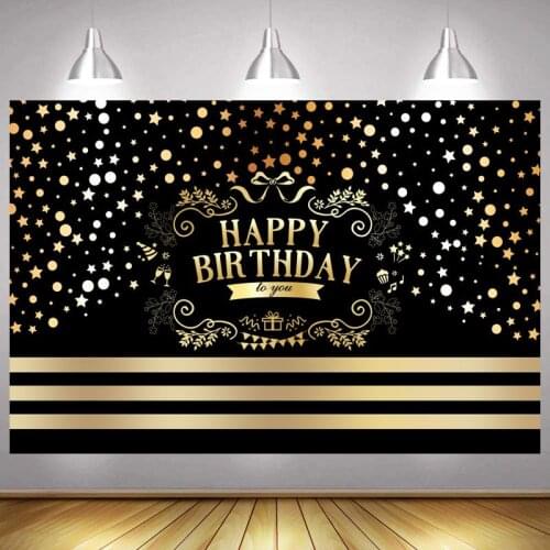 Happy Birthday Party Backdrop Sequin Stripe Black Gold Glitter Adult Photography Background Shining Dots Banner Photocall