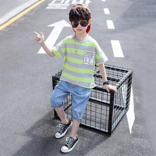 Boys Summer Clothing Sets T Shirt & jean shorts Casual Sports Suits 2 Pcs Teenage Kids Boy Clothing Tracksuit 6 7 11 12 Years