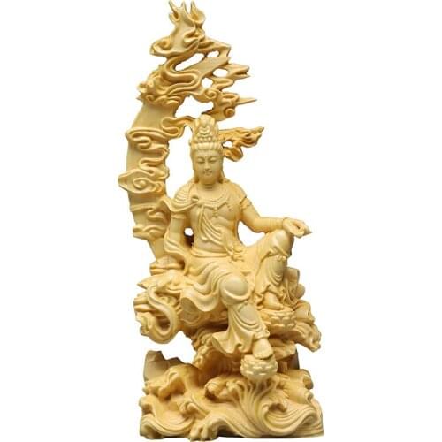 Boxwood Carved Water Moon Guanyin Ornaments Solid Wood Hand-carved Crafts Wenwan Collectibles Guanshiyin Bodhisattva Statues