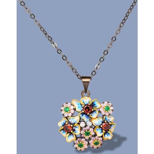 Exquisite 925 Sterling Silver Ladies Necklace Colorful Flower Pendant Handmade Enamel Exaggerated Flower Necklace Handmade