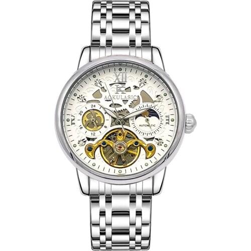 Fashion Mens Mechanical Watch Luxury Brand Hollow Waterproof Luminous Moon Phase Multi-Function Watch Steel Band Clock 2021 NEW