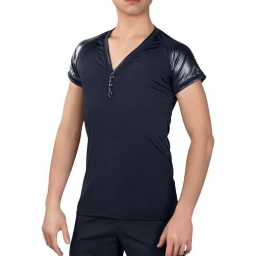 Men Latin Dance Tops New Leather Stitching Adult Latin Practice Wear Ballroom Dancing Outfit Competition Latin Shirt Men VDB829