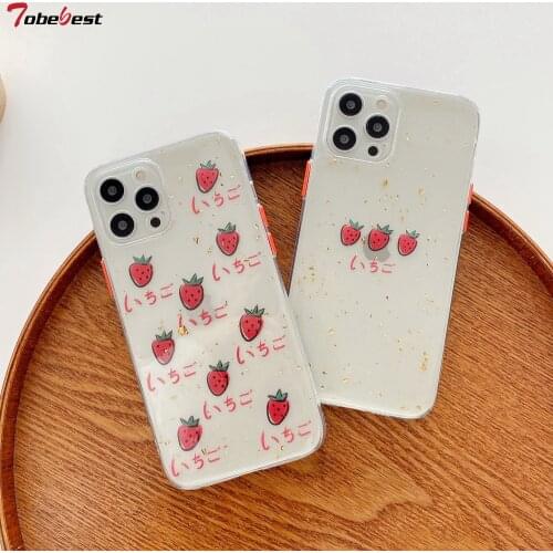 Tobebest Strawberry Clear Gold Foil Phone Cases for iPhone 12 Pro Max 11 Pro Max X XS XR 7 8 Plus 12 mini SE 2020 Soft Cover