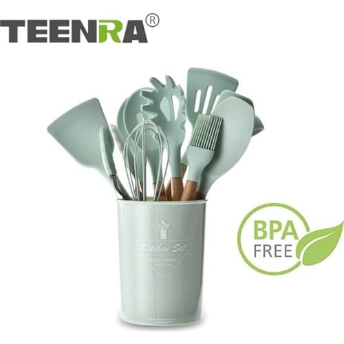 TEENRA 12PCS Silicone Kitchenware Non-stick Cookwate Cooking Set Silicone Cooking Tools Household Wooden Baking Tools
